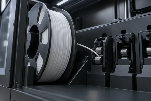 A filament spool loaded into a printer's automatic feeder