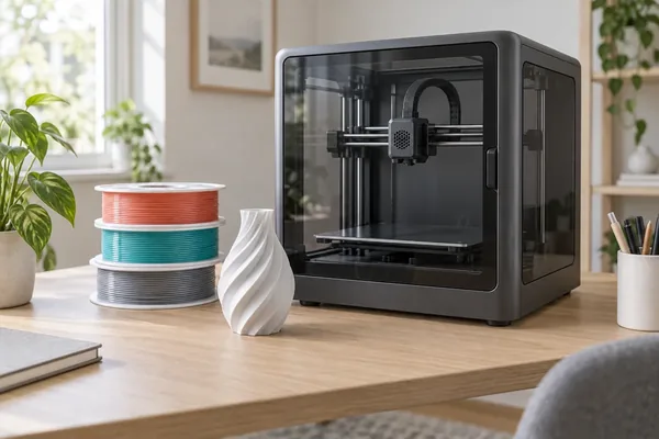 FilamentBay spools beside an enclosed desktop 3D printer