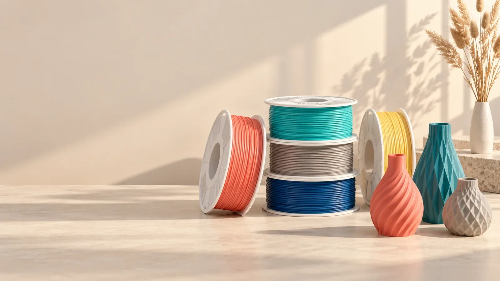 FilamentBay filament spools and printed vases in warm daylight